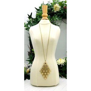 Vintage Gold-Tone Filigree Pendant Necklace With Floral Design Long Chain by Sar